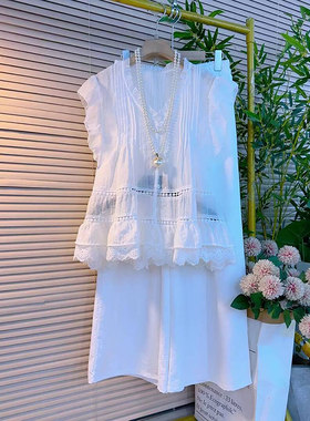 2025新款设计感木耳花边减龄坎袖雪纺衫女大码女装胖mm百搭阔腿裤