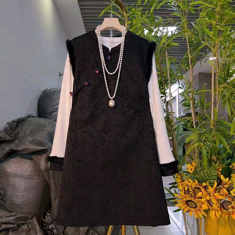 新中式薄绒马甲连衣裙小衫套装新