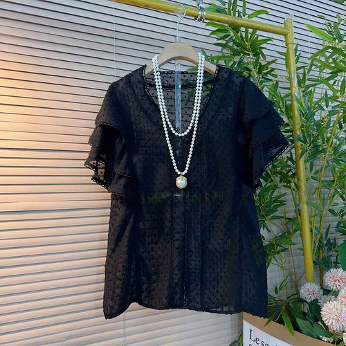 新款时尚甜美减龄荷叶袖雪纺衫女