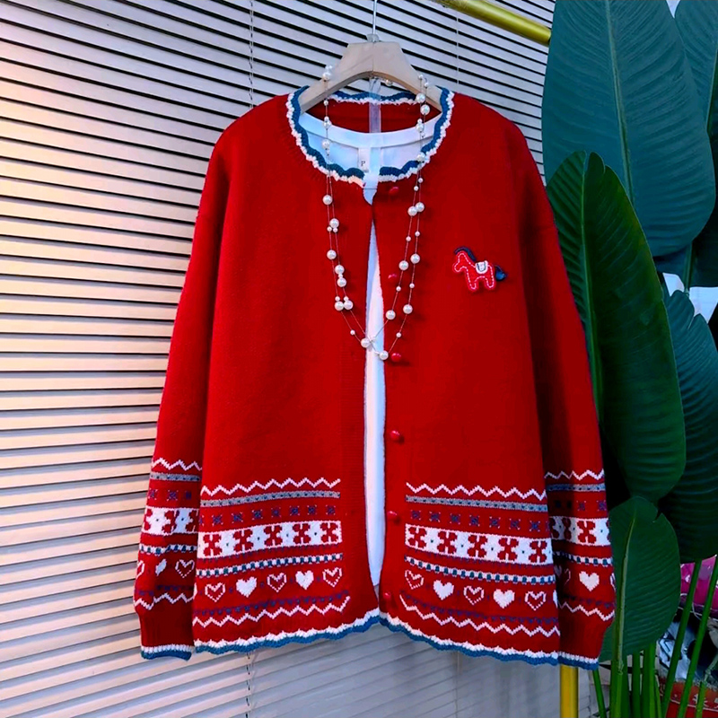 针织大码女装卡通小马拼色开衫