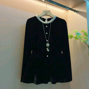 女装 新款 大码 重工钉珠圆领收腰丝绒女人衫 胖mm气质百搭上衣女 韩版