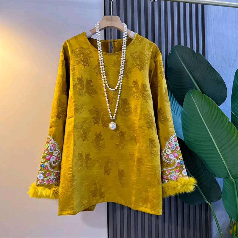 复古提花刺绣大衫百搭毛毛上衣