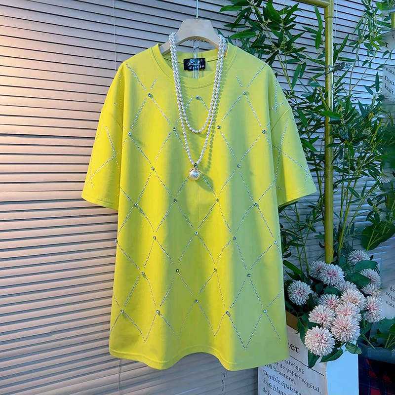 胖mm大码女装春季新款中长款宽松慵懒风减龄重工菱形订钻短袖T恤,女装/女士精品,大码内搭,淘宝优惠券,粉丝福利购,淘宝优惠卷