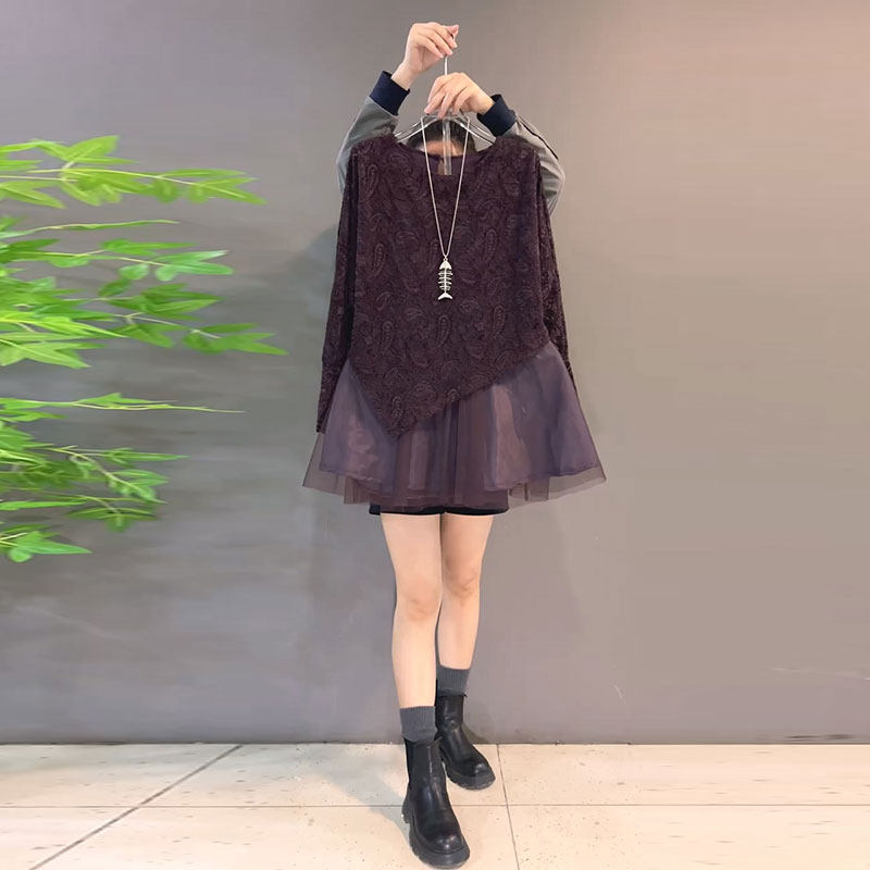 2026新款韩版网纱拼接假两件雕花蕾丝衫大码女装胖mm洋气显瘦上衣,女装/女士精品,大码内搭,淘宝优惠券,粉丝福利购,淘宝优惠卷