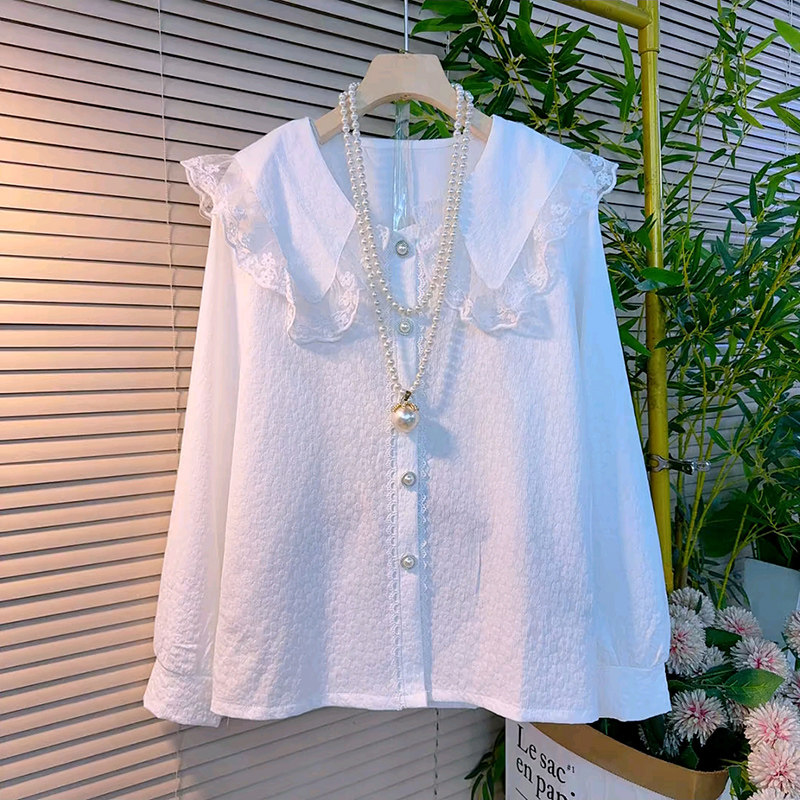 韩系娃娃领蕾丝边长袖衬衫大码女装显瘦胖mm减龄百搭纽扣开衫上衣,女装/女士精品,大码内搭,淘宝优惠券,粉丝福利购,淘宝优惠卷