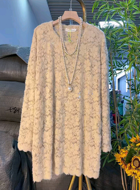 2025早秋减龄新款大码女装胖MM时尚气质宽松镂空设计感长款蕾丝衫