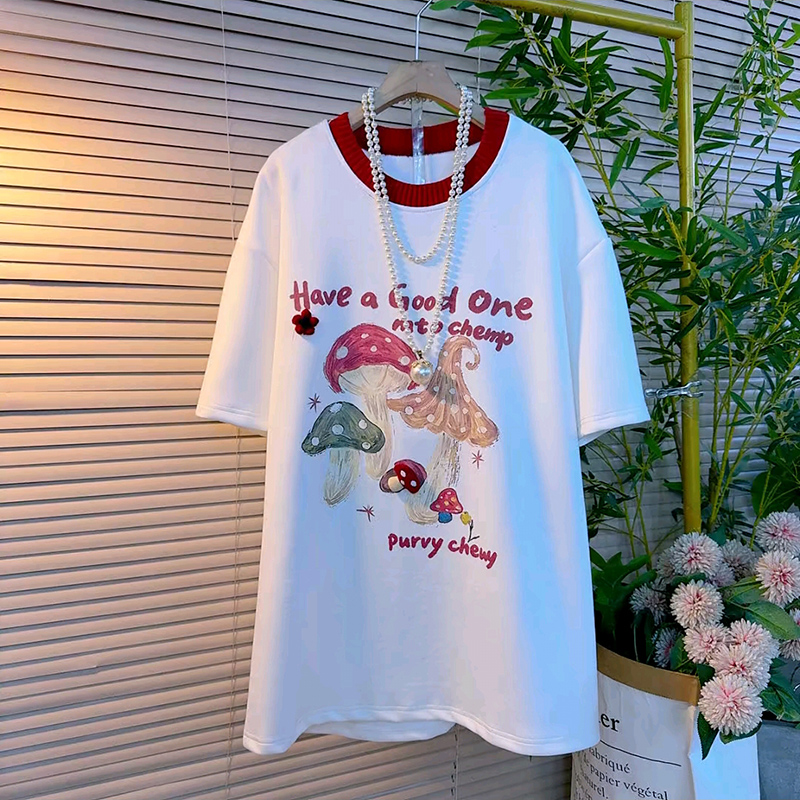 圆领中长款设计感卡通印图T恤衫