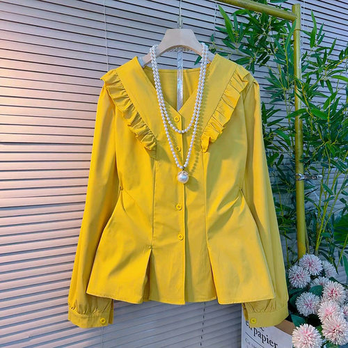 V领拼接木耳花边长袖上衣