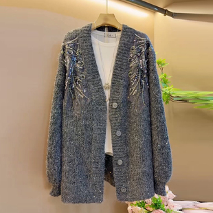 新款 慵懒风宽松显瘦亮片针织开衫 大码 时尚 外套 女装 胖妹妹2025秋季