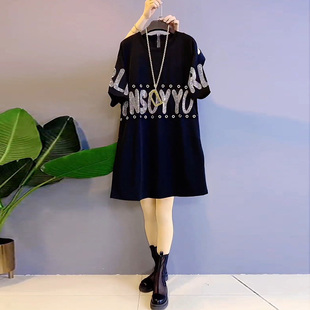 女装 大码 宽松洋气字母烫钻半袖 连衣裙时尚 胖妹妹2022春季 大衫 新款