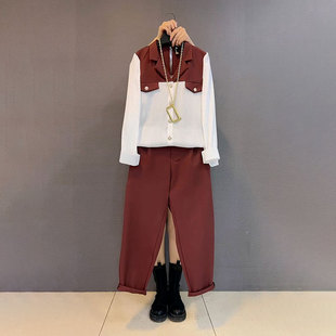 两件套显瘦上衣大码 松紧腰长裤 女装 胖MM宽松春季 拼色长袖 新款 衬衫