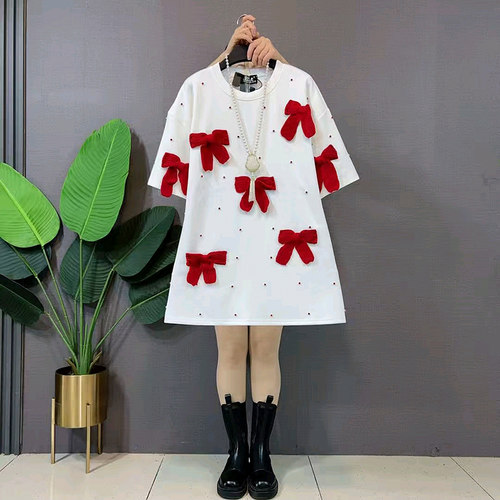 蝴蝶结短袖大码女装烫钻T恤衫