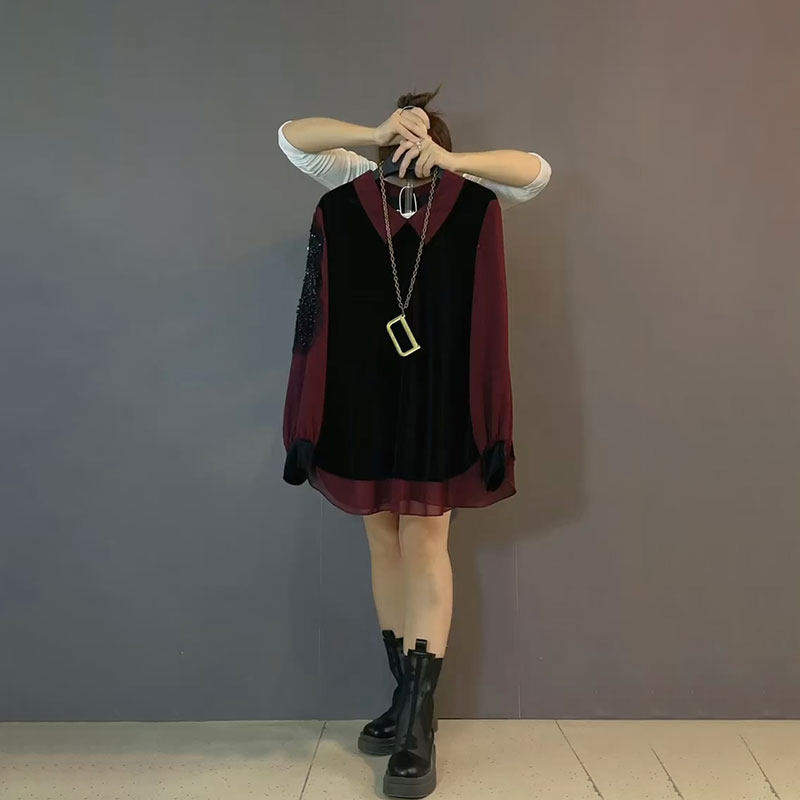 2026春季新款欧货钉珠拼接丝绒洋气女人衫大码女装胖mm显瘦上衣女,女装/女士精品,大码内搭,淘宝优惠券,粉丝福利购,淘宝优惠卷