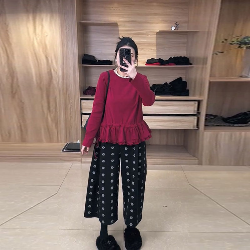 2026春季新款韩系洋气收腰花边上衣大码女装胖mm小花毛呢阔腿裤女,女装/女士精品,大码内搭,淘宝优惠券,粉丝福利购,淘宝优惠卷