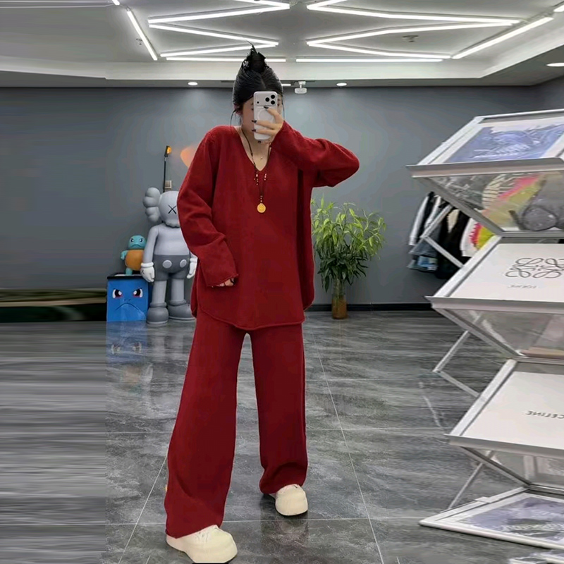 大码女装V领针织上衣直筒裤套装