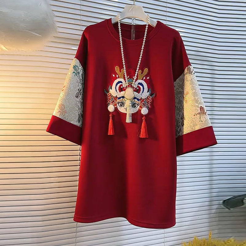 立体工艺T恤圆领遮肉撞色上衣