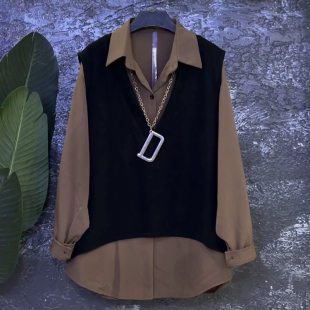 套装 美拉德时尚 纯色简约风砍袖 马甲长袖 潮 秋季 打底两件套大码 大码