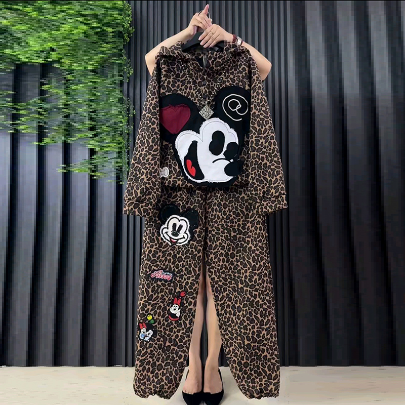 冬季大码加绒连帽米奇卫衣裤子