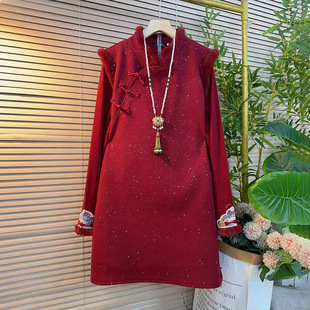 女装 环保毛盘扣细闪马甲裙打底衫 冬季 国潮风坎袖 两件套 新年款 大码