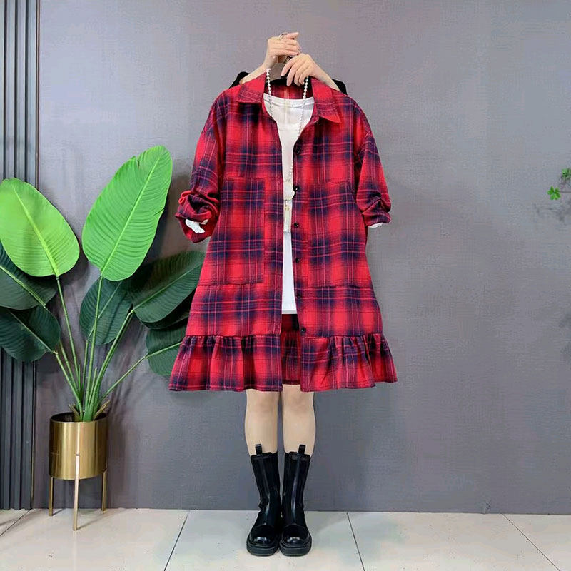 2026春季新款欧货复古格子木耳花边衬衫外套大码女装胖mm中长上衣,女装/女士精品,大码内搭,淘宝优惠券,粉丝福利购,淘宝优惠卷