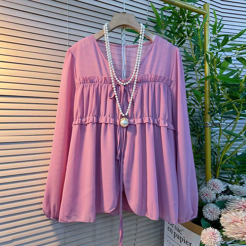 大码女装灯笼袖系带领上衣2026春季新款V领纯色雪纺衫百搭显瘦衫