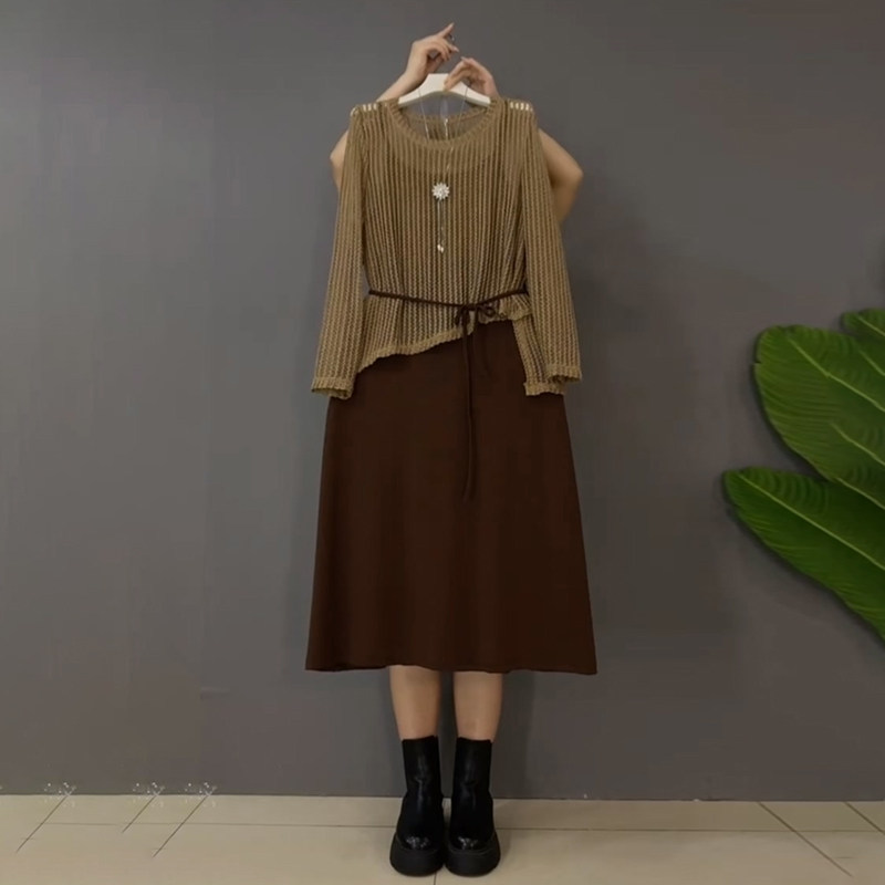 胖妹妹2026春季新款大码女装时尚洋气吊带连衣裙针织网外搭两件套