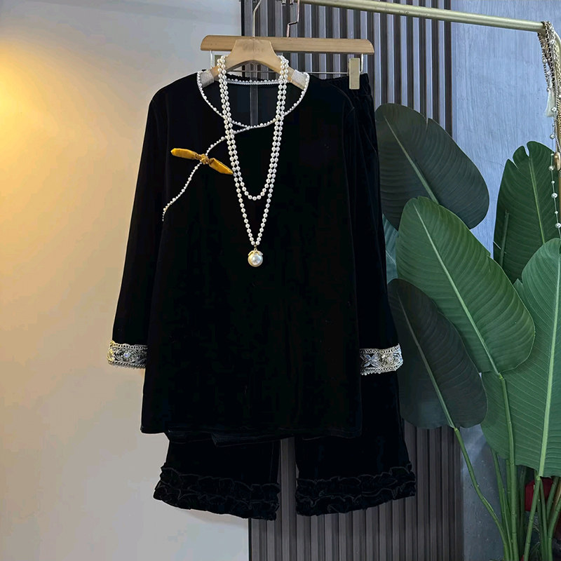 新中式胖mm显瘦钉珠衬衫2026新款亮片拼接袖上衣丝绒裤子大码女装,女装/女士精品,大码内搭,淘宝优惠券,粉丝福利购,淘宝优惠卷