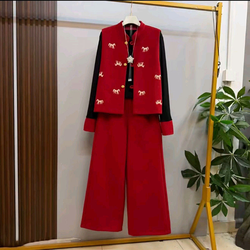 2026春季新款国风刺绣马甲拼袖内搭阔腿裤气质套装胖妹妹大码女装,女装/女士精品,大码套装,淘宝优惠券,粉丝福利购,淘宝优惠卷