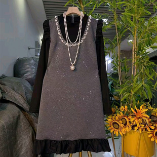 女装 新款 气质两件套大码 钉珠领拼接木耳花边马甲裙小衫 胖妹妹时尚