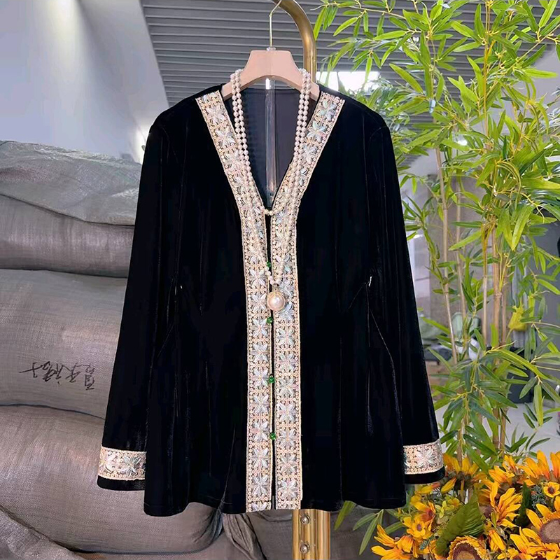 秋季新款新中式国风丝绒花边大衫