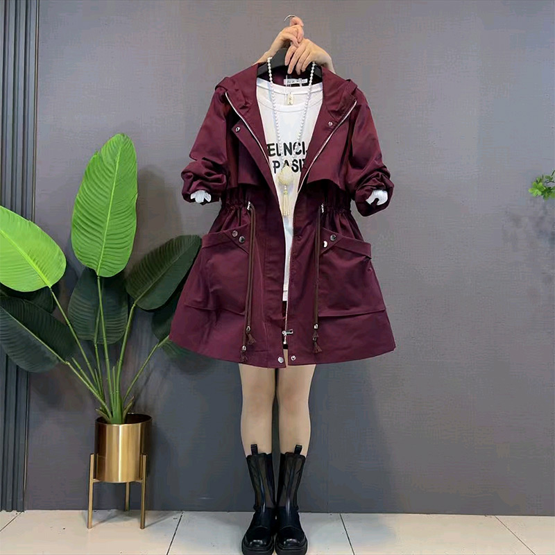 连帽抽绳收腰夹棉风衣外套