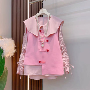 胖MM宽松春季 糖果色娃娃领衬衫 女装 显瘦上衣大码 不规则马甲套装