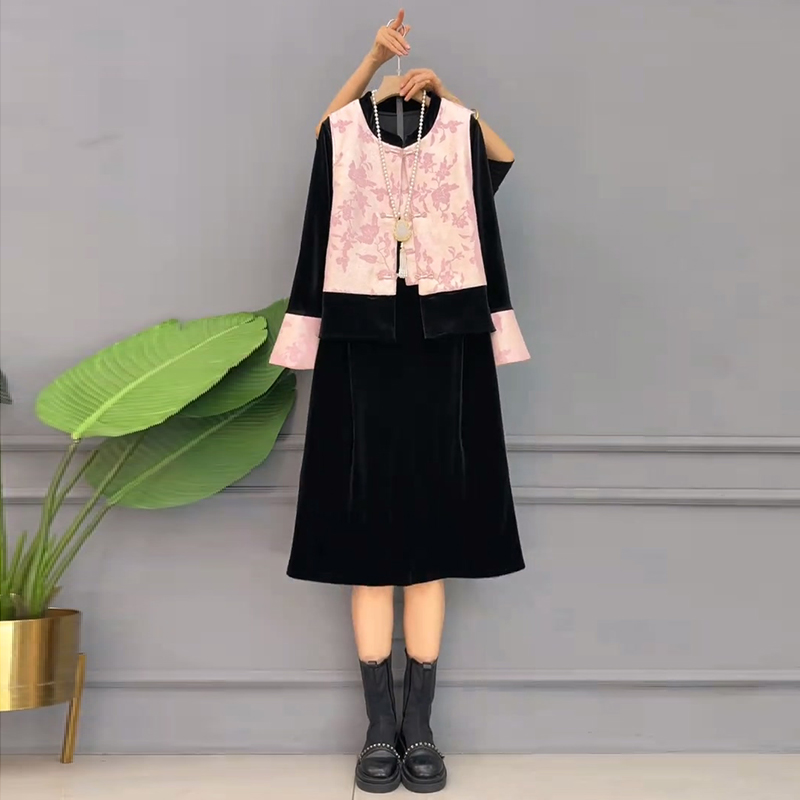 新中式提花马甲连衣裙套装