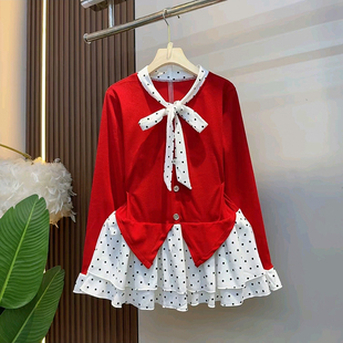 新款 素设计百搭女人衫 大码 胖妹妹洋气撞色系带拼接波点元 女装 冬季