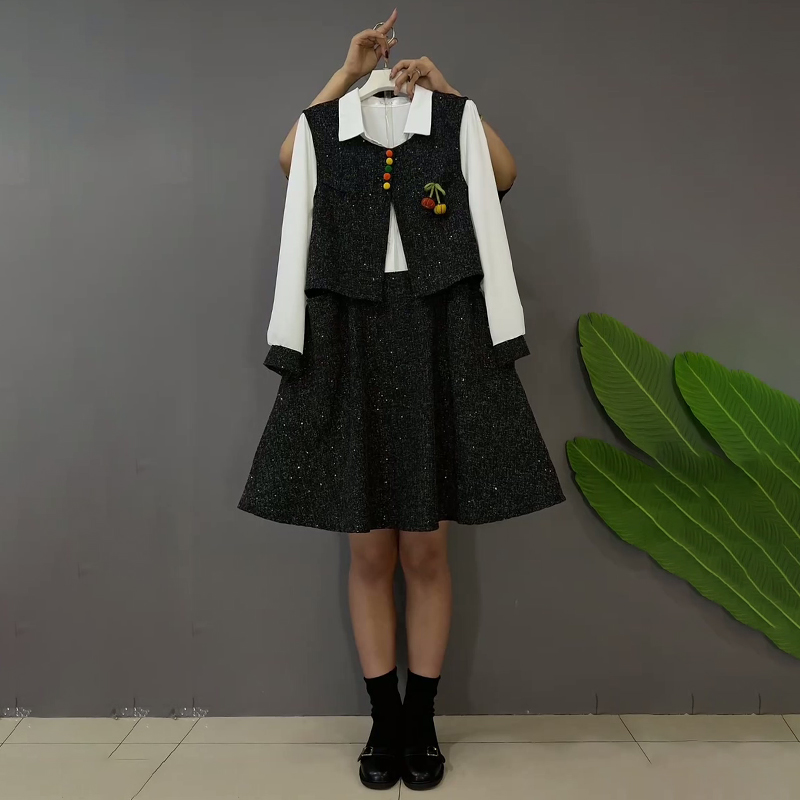 时尚衬衫领连衣裙马甲两件套