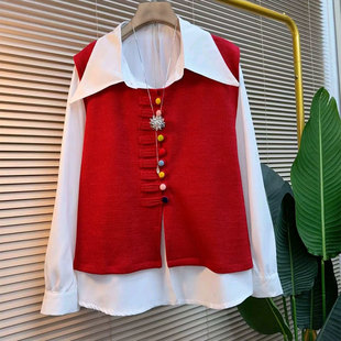 女装 新款 大码 简约百搭打底衬衫 胖mm洋气彩扣马甲两件套女 欧货时尚