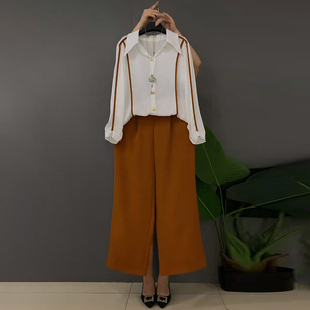 胖妹妹显瘦时尚 2024早秋新款 简约竖条衬衫 领上衣长裤 大码 套装 女装