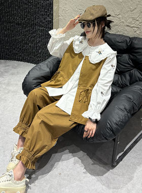 早秋长袖娃娃领马甲灯笼裤两件套