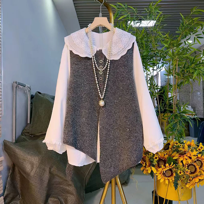 亮闪闪针织马甲百搭娃娃领衬衫