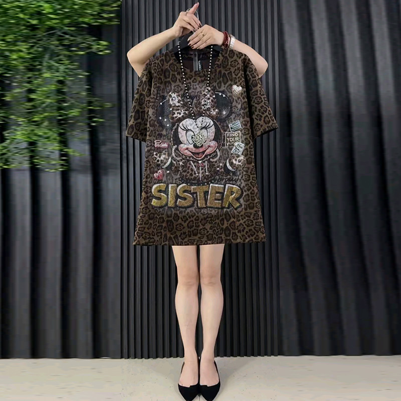 卡通字母豹纹半袖T恤衫