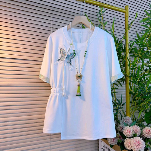 大码女装复古设计感短袖T恤上衣