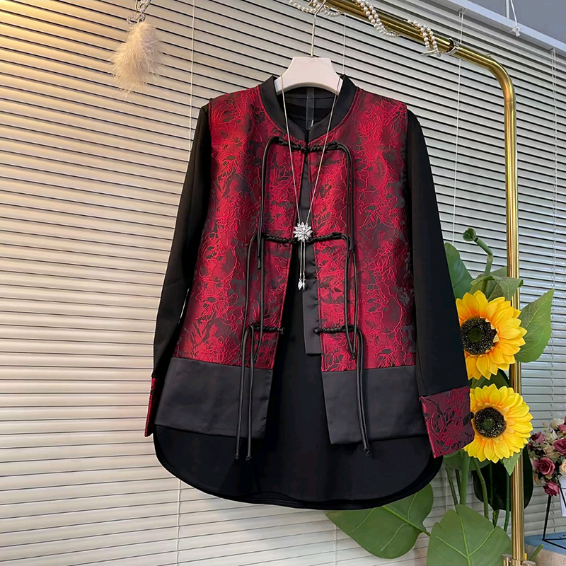 国风大码女装盘扣马甲打底衫套装