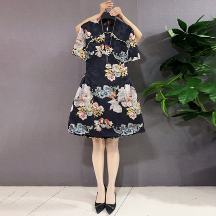 胖妹妹复古盘扣改良版旗袍女裙2025春季新款大码女装国潮风连衣裙