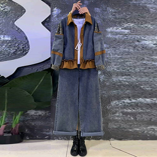 女装 秋季 子两件套胖mm大码 欧货气质减龄显瘦拼色牛仔外套裤 潮 新款