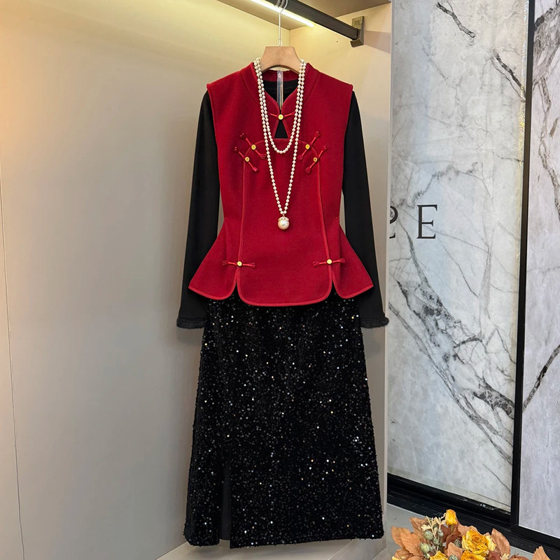 大码女装复古马甲净版百搭打底衫套装2025新款亮片半身裙三件套潮,女装/女士精品,大码套装,淘宝优惠券,粉丝福利购,淘宝优惠卷