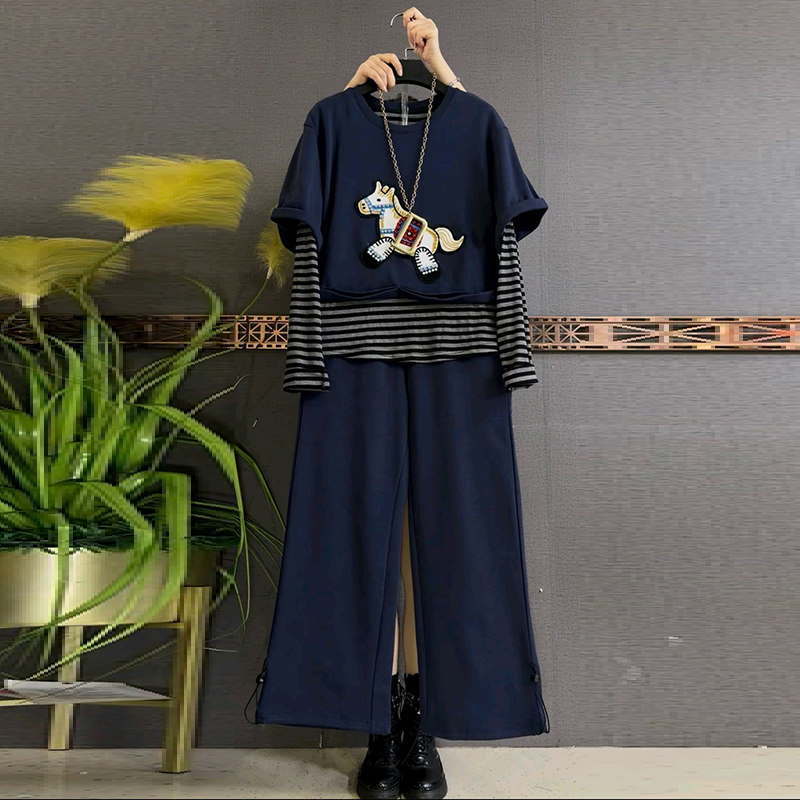 拼接条纹假两件上衣大码女装休闲裤子两件套胖mm显瘦春季新款套装,女装/女士精品,大码套装,淘宝优惠券,粉丝福利购,淘宝优惠卷