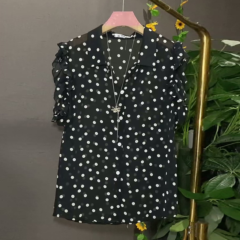 夏季大码女装波点碎花木耳边T恤