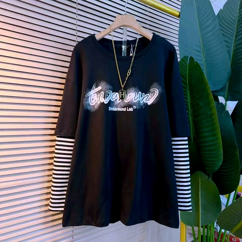 假两件大码女装字母印花条纹T恤