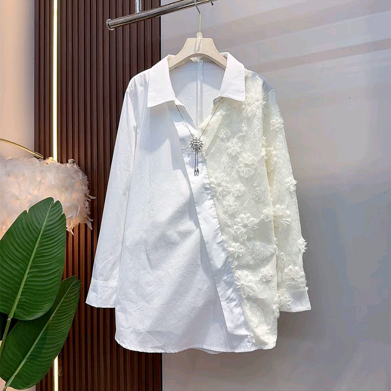 2026春季新款胖妹妹设计感不对称拼接蕾丝花朵气质衬衫大码女装潮,女装/女士精品,大码内搭,淘宝优惠券,粉丝福利购,淘宝优惠卷