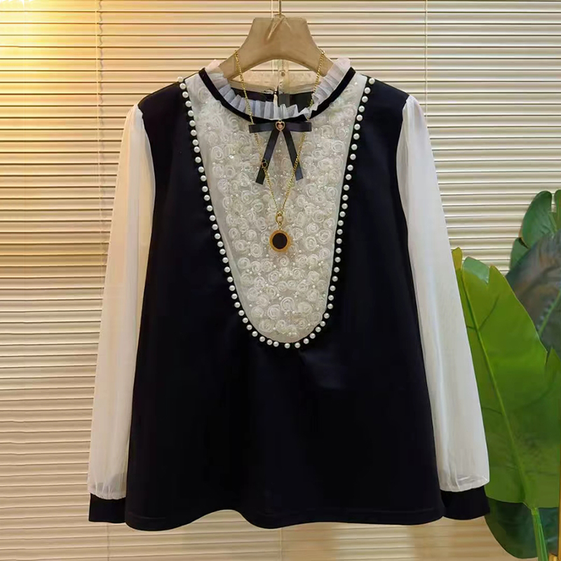 气质名媛风重工钉珠花朵拼接上衣